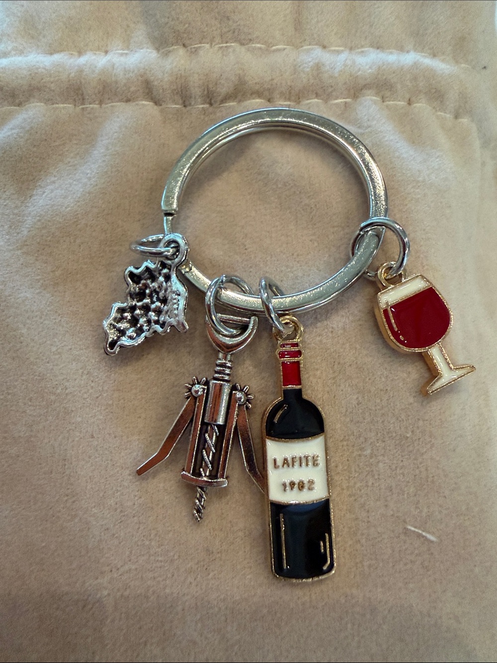 Source Unknown Silver Wine Charm Keyring with Red and Black Accents